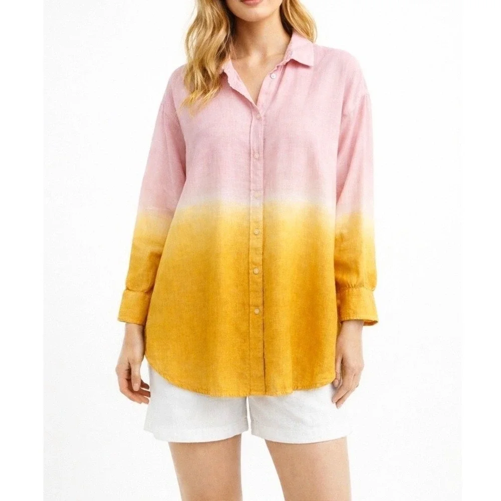 J CREW Baird McNutt Irish Linen Button Up Shirt 18 Ombre Dip Dye Preppy Resort